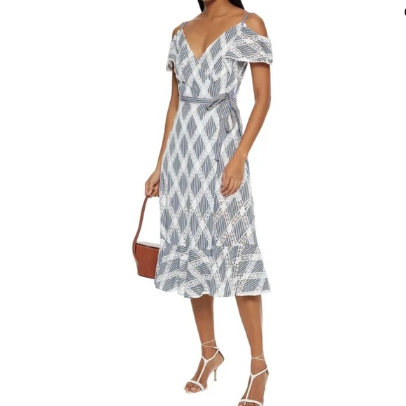 SANDRO Illa Cold-Shoulder Crochet And Striped Twill Midi Wrap Dress - Picture 1 of 16